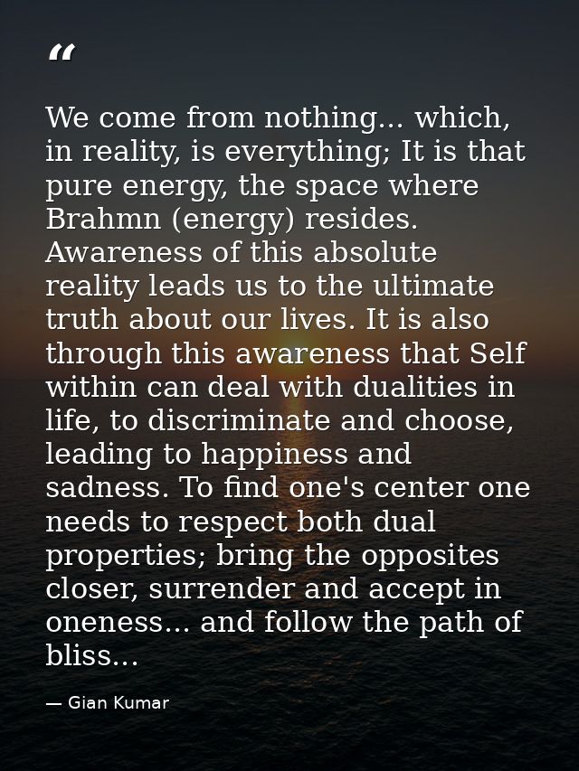 We come from nothing... which, in reality, is everything; It is that pure energy, the space where Brahmn (energy) reside — Gian Kumar