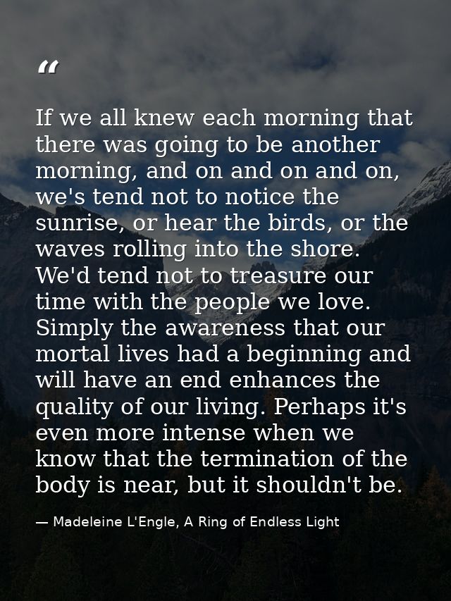 If we all knew each morning that there was going to be another morning, and on and on and on, we's tend not to notice th — Madeleine L'Engle, A Ring of Endless Light