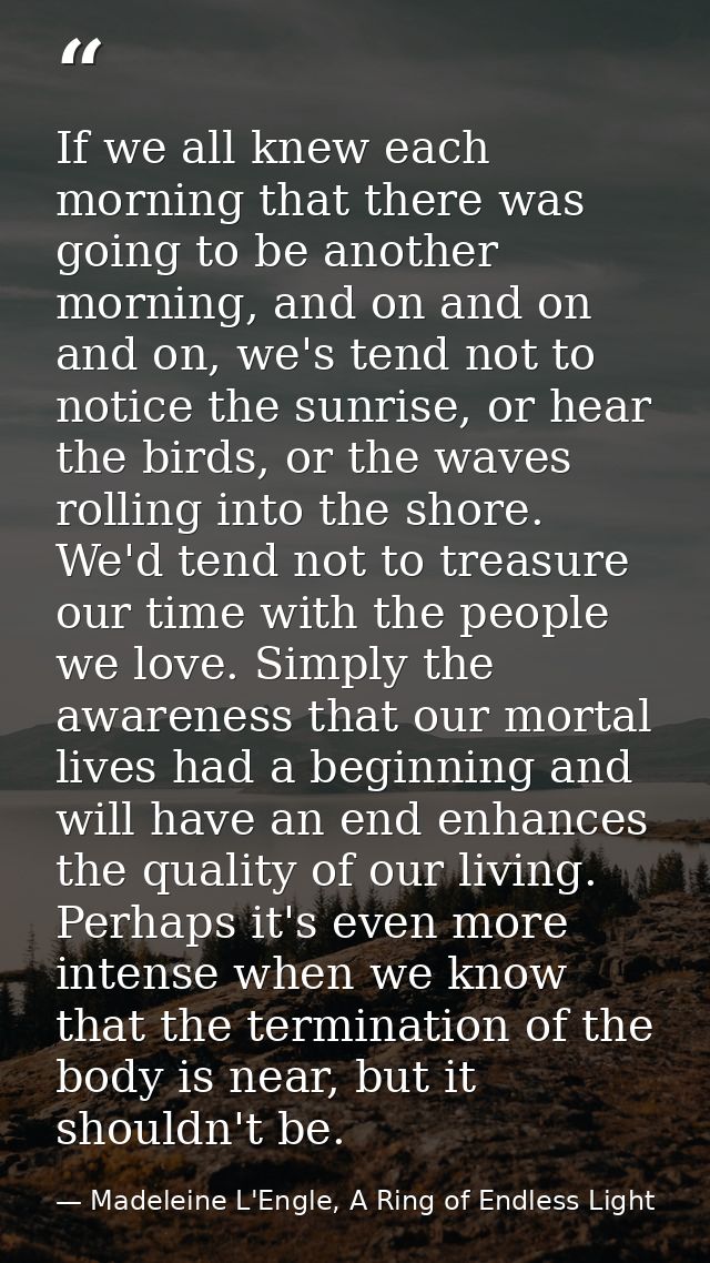 If we all knew each morning that there was going to be another morning, and on and on and on, we's tend not to notice th — Madeleine L'Engle, A Ring of Endless Light