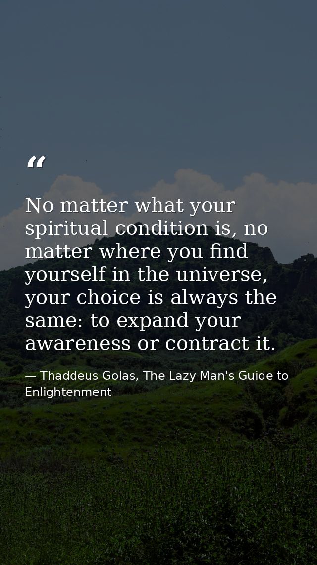 No matter what your spiritual condition is, no matter where you find yourself in the universe, your choice is always the — Thaddeus Golas, The Lazy Man's Guide to Enlightenment