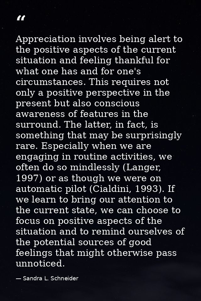 Appreciation involves being alert to the positive aspects of the current situation and feeling thankful for what one has — Sandra L. Schneider