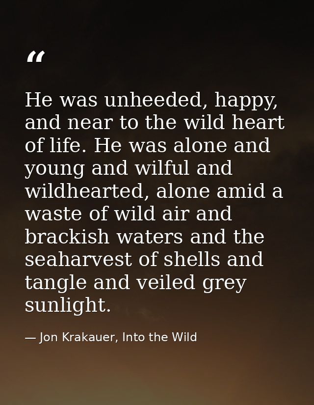 He was unheeded, happy, and near to the wild heart of life. He was alone and young and wilful and wildhearted, alone ami — Jon Krakauer, Into the Wild