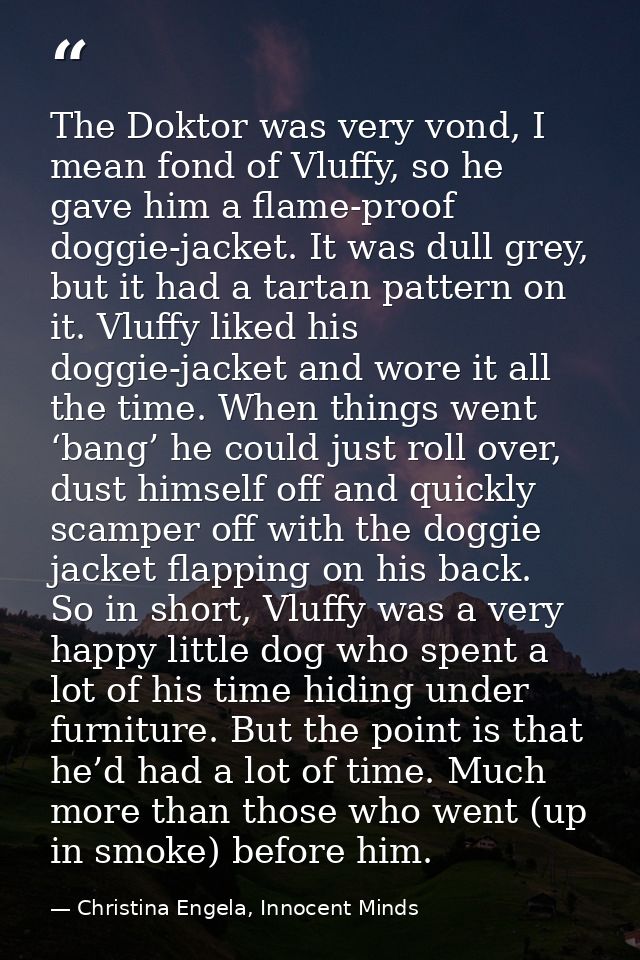 The Doktor was very vond, I mean fond of Vluffy, so he gave him a flame-proof doggie-jacket. It was dull grey, but it ha — Christina Engela, Innocent Minds
