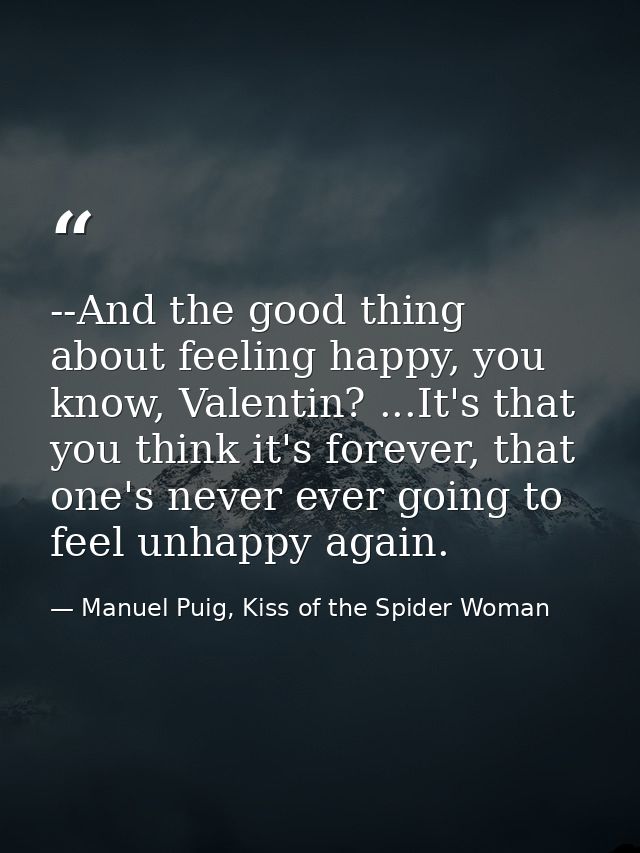 --And the good thing about feeling happy, you know, Valentin? ...It's that you think it's forever, that one's never ever — Manuel Puig, Kiss of the Spider Woman
