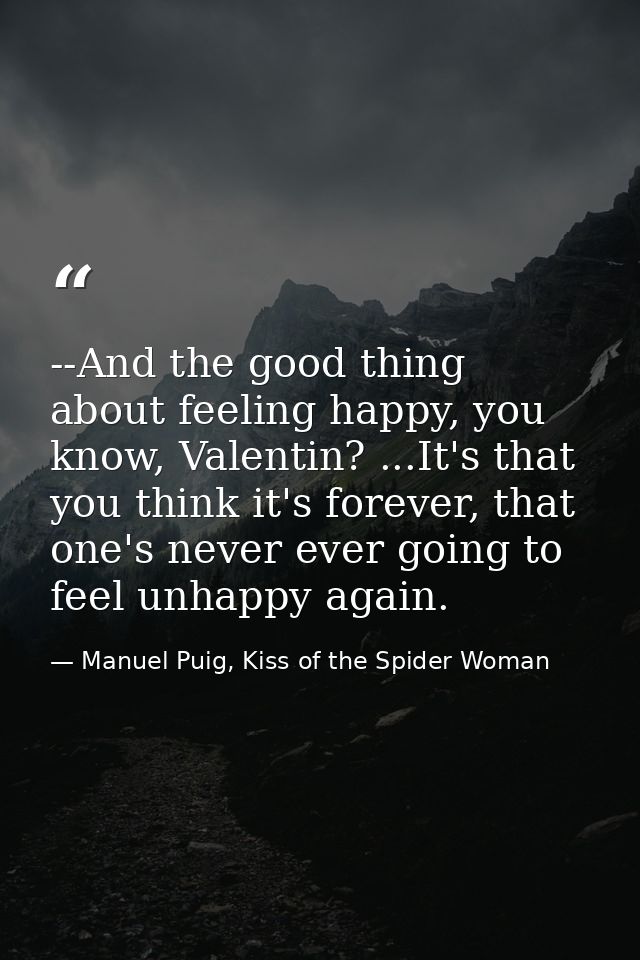 --And the good thing about feeling happy, you know, Valentin? ...It's that you think it's forever, that one's never ever — Manuel Puig, Kiss of the Spider Woman