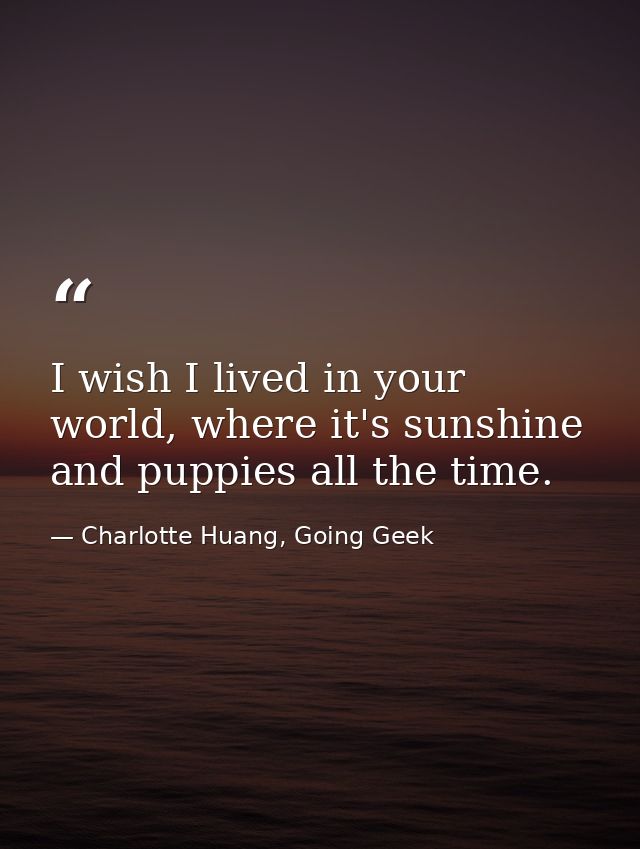 I wish I lived in your world, where it's sunshine and puppies all the time. — Charlotte Huang, Going Geek