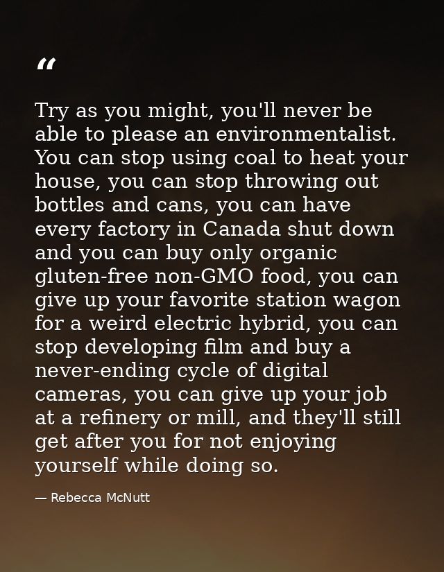 Try as you might, you'll never be able to please an environmentalist. You can stop using coal to heat your house, you ca — Rebecca McNutt