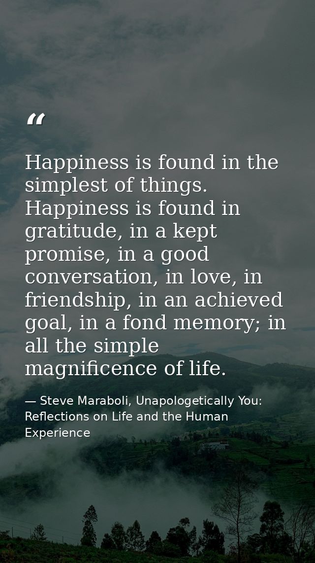 Happiness is found in the simplest of things. Happiness is found in gratitude, in a kept promise, in a good conversation — Steve Maraboli, Unapologetically You: Reflections on Life and the Human Experience