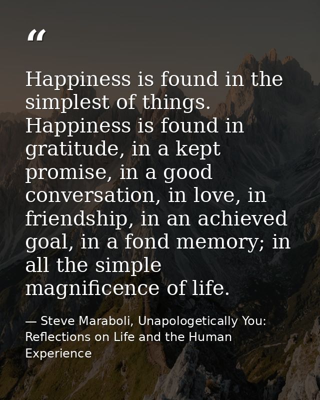 Happiness is found in the simplest of things. Happiness is found in gratitude, in a kept promise, in a good conversation — Steve Maraboli, Unapologetically You: Reflections on Life and the Human Experience