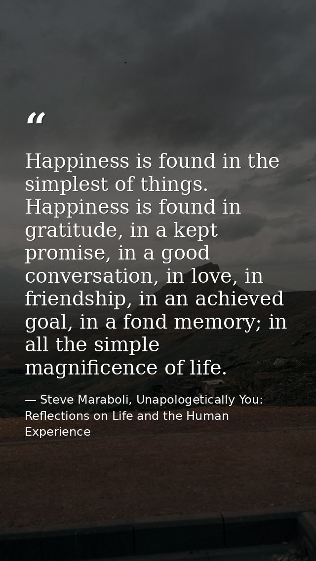 Happiness is found in the simplest of things. Happiness is found in gratitude, in a kept promise, in a good conversation — Steve Maraboli, Unapologetically You: Reflections on Life and the Human Experience