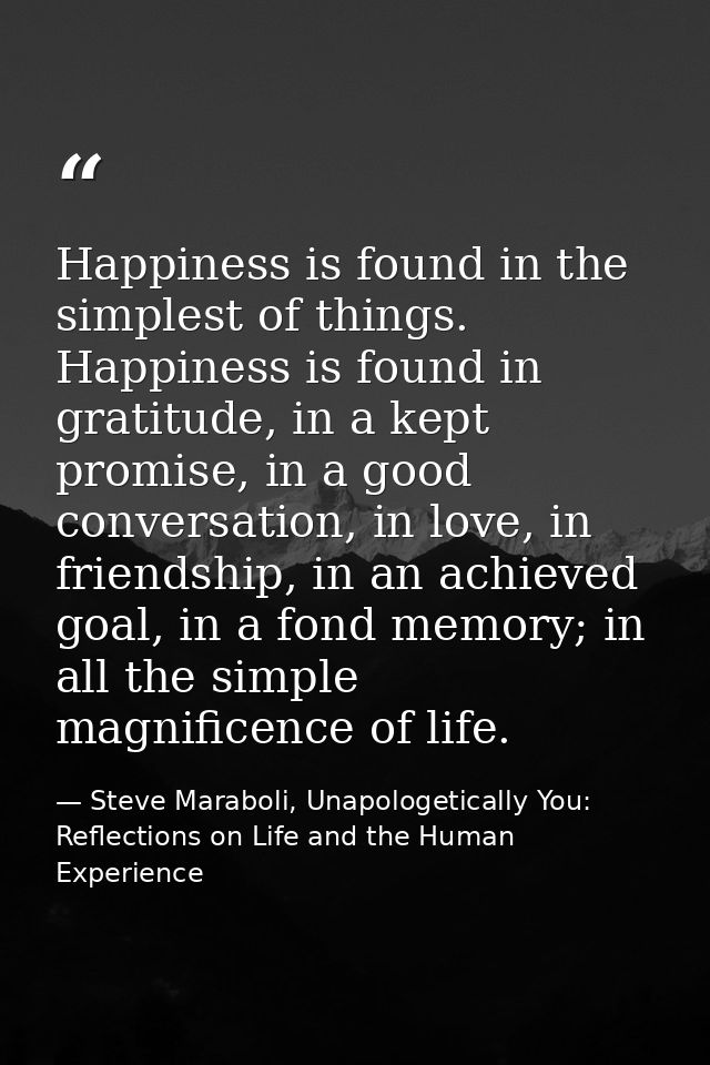 Happiness is found in the simplest of things. Happiness is found in gratitude, in a kept promise, in a good conversation — Steve Maraboli, Unapologetically You: Reflections on Life and the Human Experience