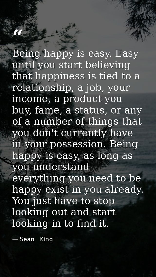 Being happy is easy. Easy until you start believing that happiness is tied to a relationship, a job, your income, a prod — Sean   King