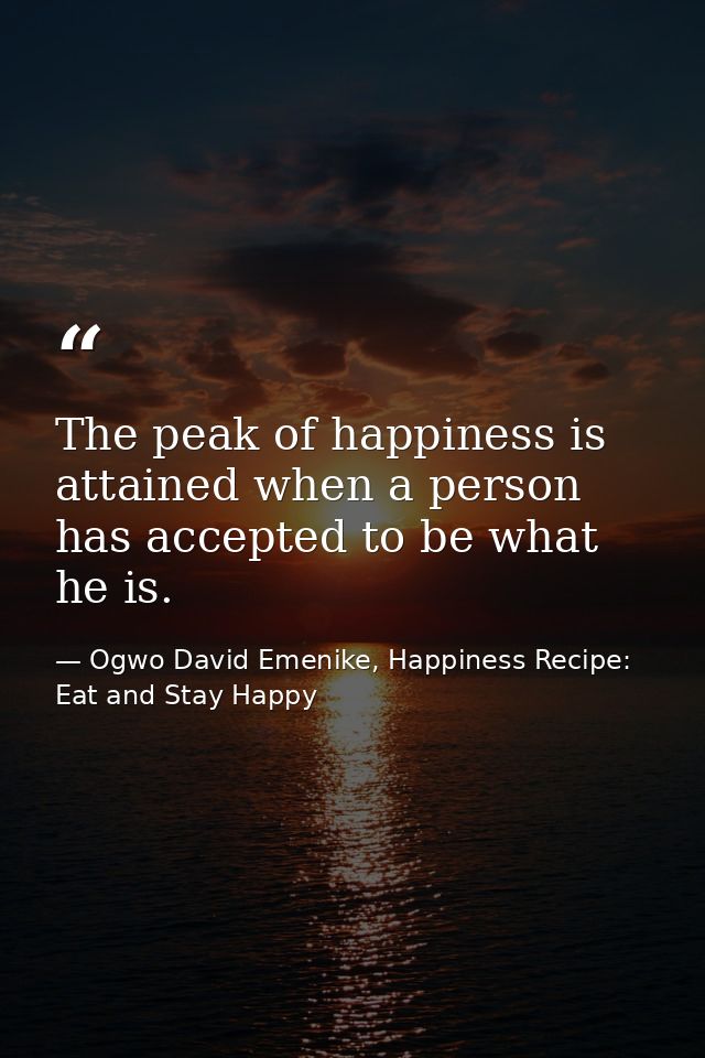 The peak of happiness is attained when a person has accepted to be what he is. — Ogwo David Emenike, Happiness Recipe: Eat and Stay Happy
