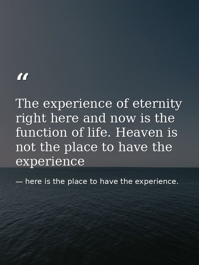 The experience of eternity right here and now is the function of life. Heaven is not the place to have the experience — here is the place to have the experience.