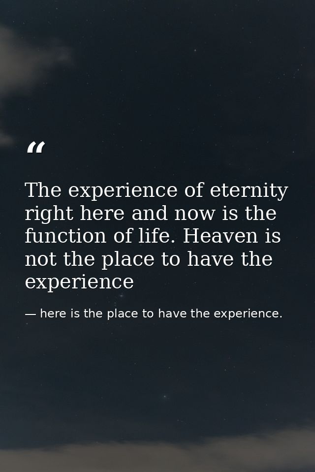 The experience of eternity right here and now is the function of life. Heaven is not the place to have the experience — here is the place to have the experience.