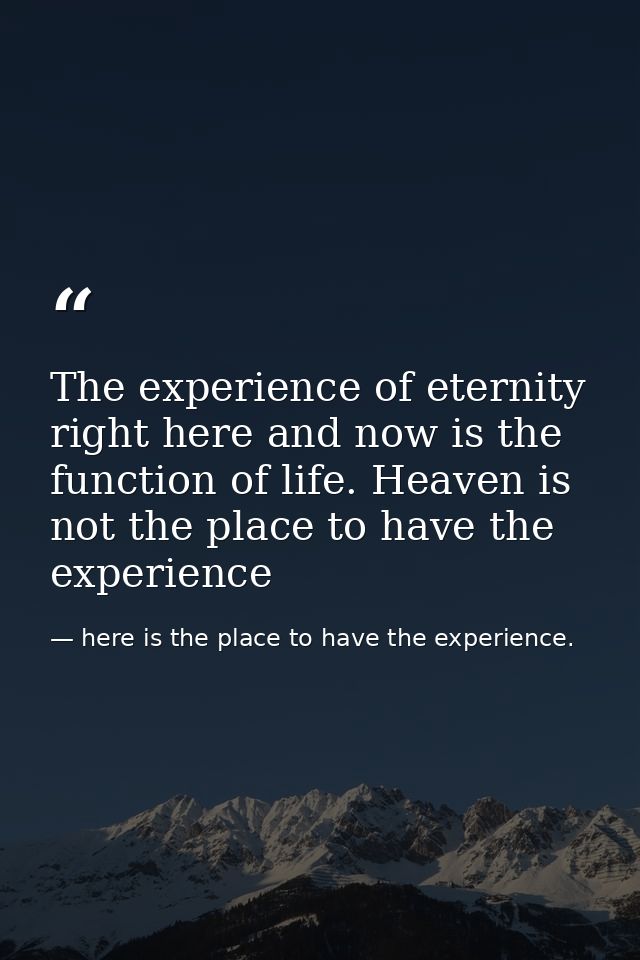 The experience of eternity right here and now is the function of life. Heaven is not the place to have the experience — here is the place to have the experience.
