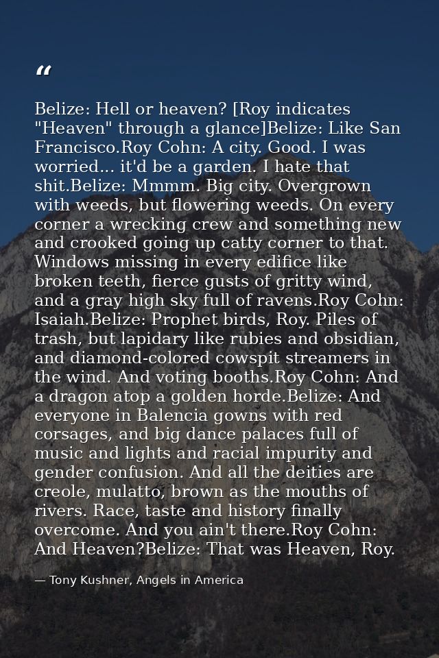 Belize: Hell or heaven? [Roy indicates "Heaven" through a glance]Belize: Like San Francisco.Roy Cohn: A city. Good. I wa — Tony Kushner, Angels in America