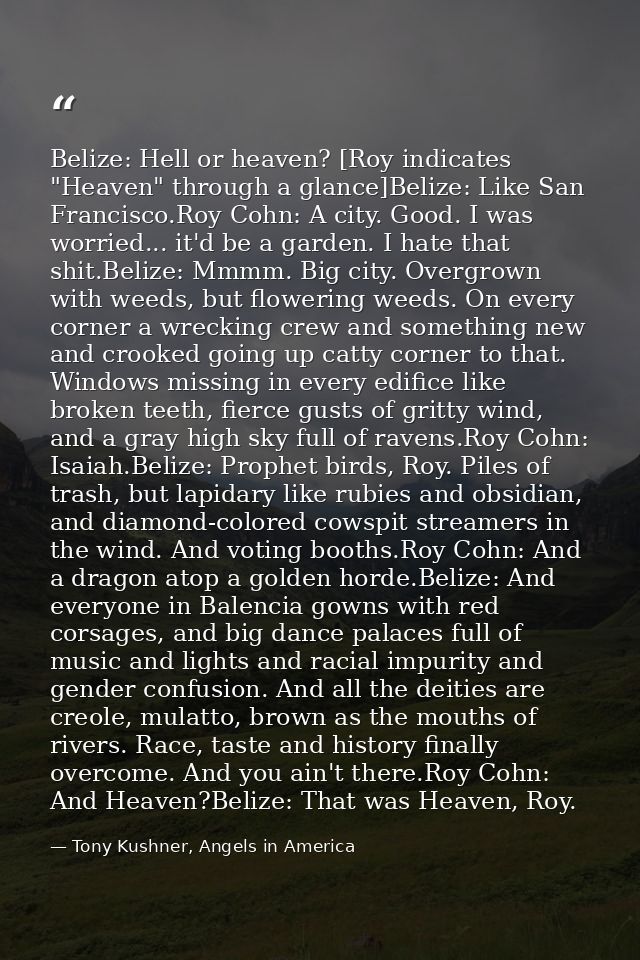 Belize: Hell or heaven? [Roy indicates "Heaven" through a glance]Belize: Like San Francisco.Roy Cohn: A city. Good. I wa — Tony Kushner, Angels in America