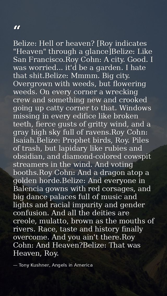 Belize: Hell or heaven? [Roy indicates "Heaven" through a glance]Belize: Like San Francisco.Roy Cohn: A city. Good. I wa — Tony Kushner, Angels in America