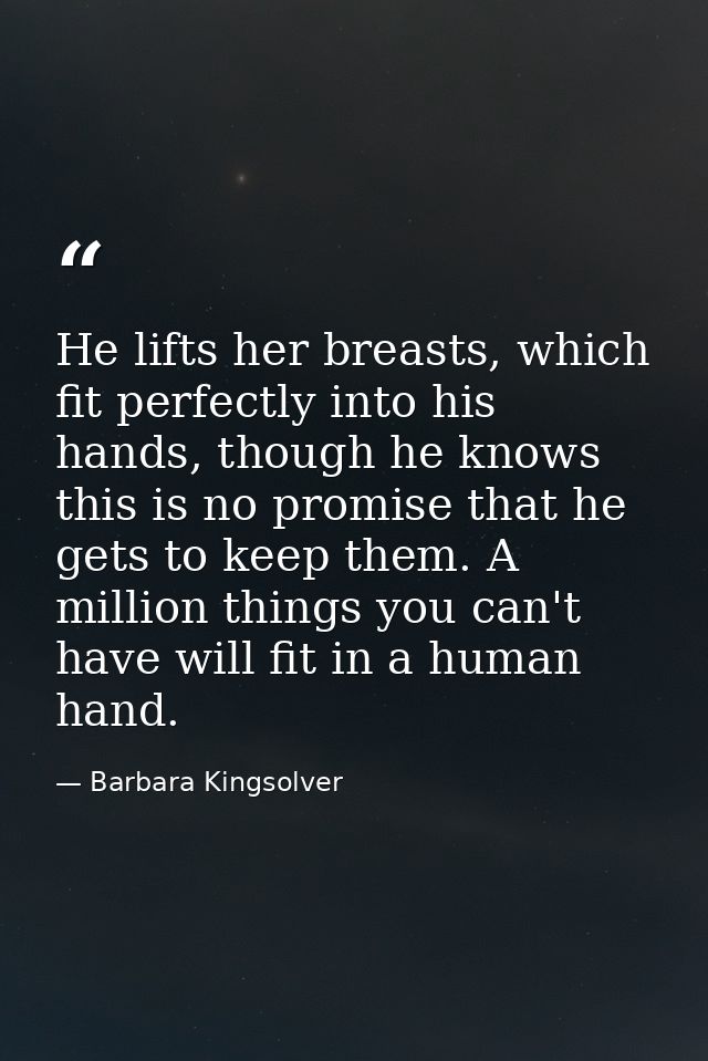 He lifts her breasts, which fit perfectly into his hands, though he knows this is no promise that he gets to keep them.  — Barbara Kingsolver