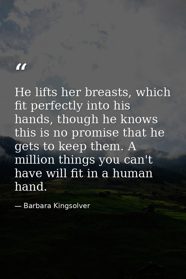 He lifts her breasts, which fit perfectly into his hands, though he knows this is no promise that he gets to keep them.  — Barbara Kingsolver