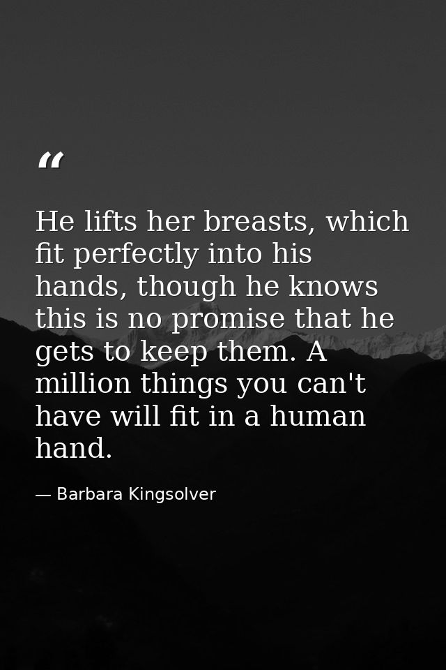 He lifts her breasts, which fit perfectly into his hands, though he knows this is no promise that he gets to keep them.  — Barbara Kingsolver