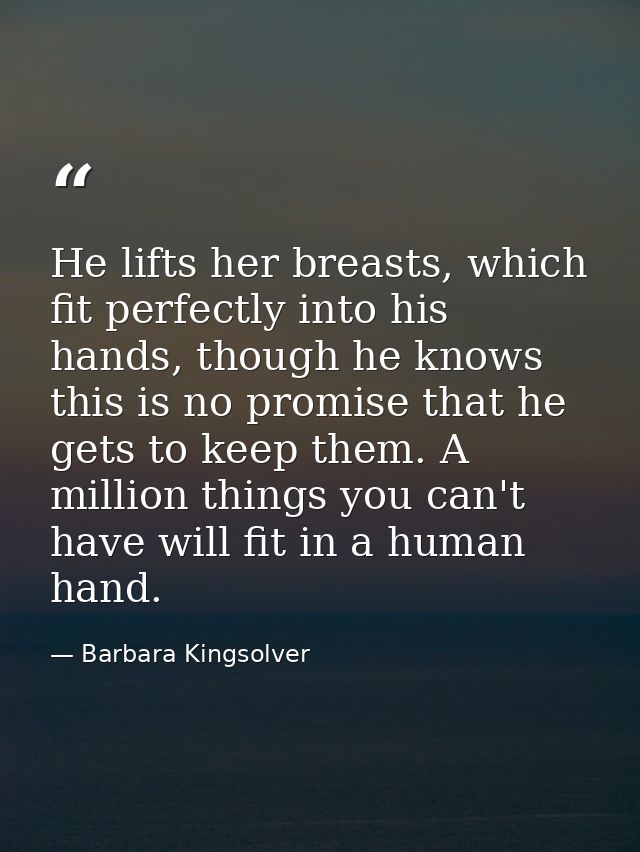 He lifts her breasts, which fit perfectly into his hands, though he knows this is no promise that he gets to keep them.  — Barbara Kingsolver