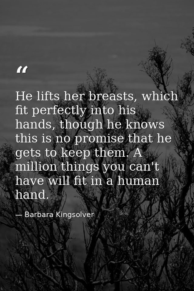 He lifts her breasts, which fit perfectly into his hands, though he knows this is no promise that he gets to keep them.  — Barbara Kingsolver