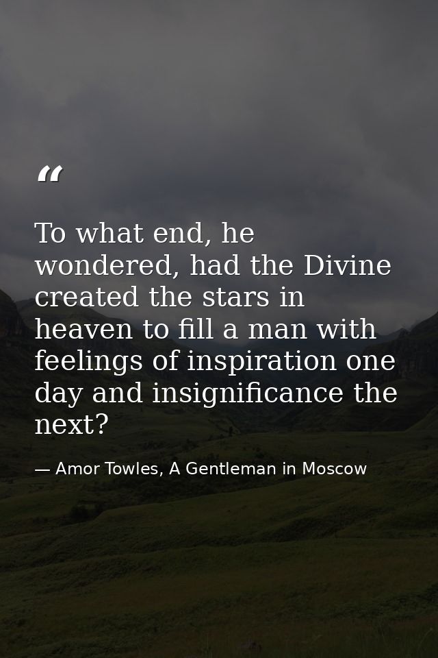 To what end, he wondered, had the Divine created the stars in heaven to fill a man with feelings of inspiration one day  — Amor Towles, A Gentleman in Moscow
