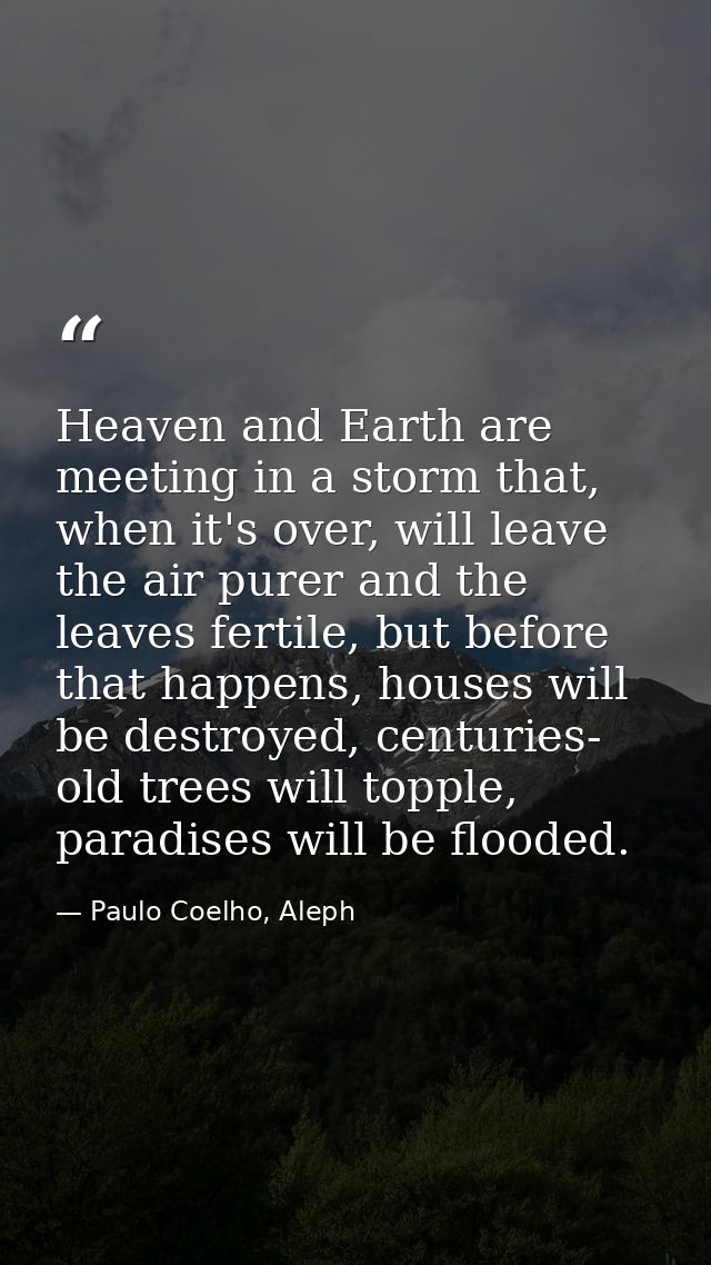 Heaven and Earth are meeting in a storm that, when it's over, will leave the air purer and the leaves fertile, but befor — Paulo Coelho, Aleph
