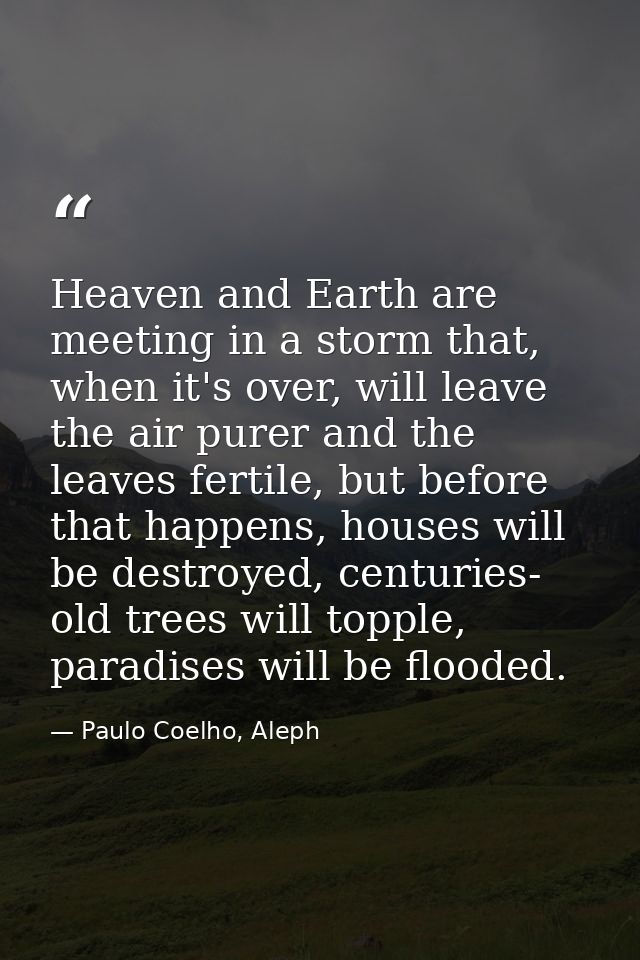 Heaven and Earth are meeting in a storm that, when it's over, will leave the air purer and the leaves fertile, but befor — Paulo Coelho, Aleph