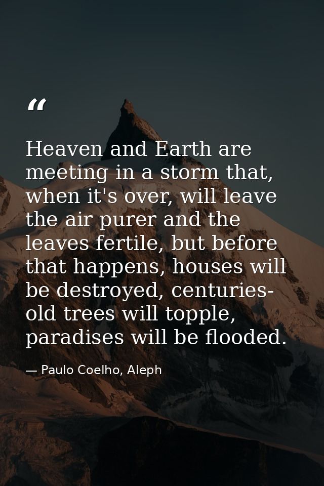 Heaven and Earth are meeting in a storm that, when it's over, will leave the air purer and the leaves fertile, but befor — Paulo Coelho, Aleph