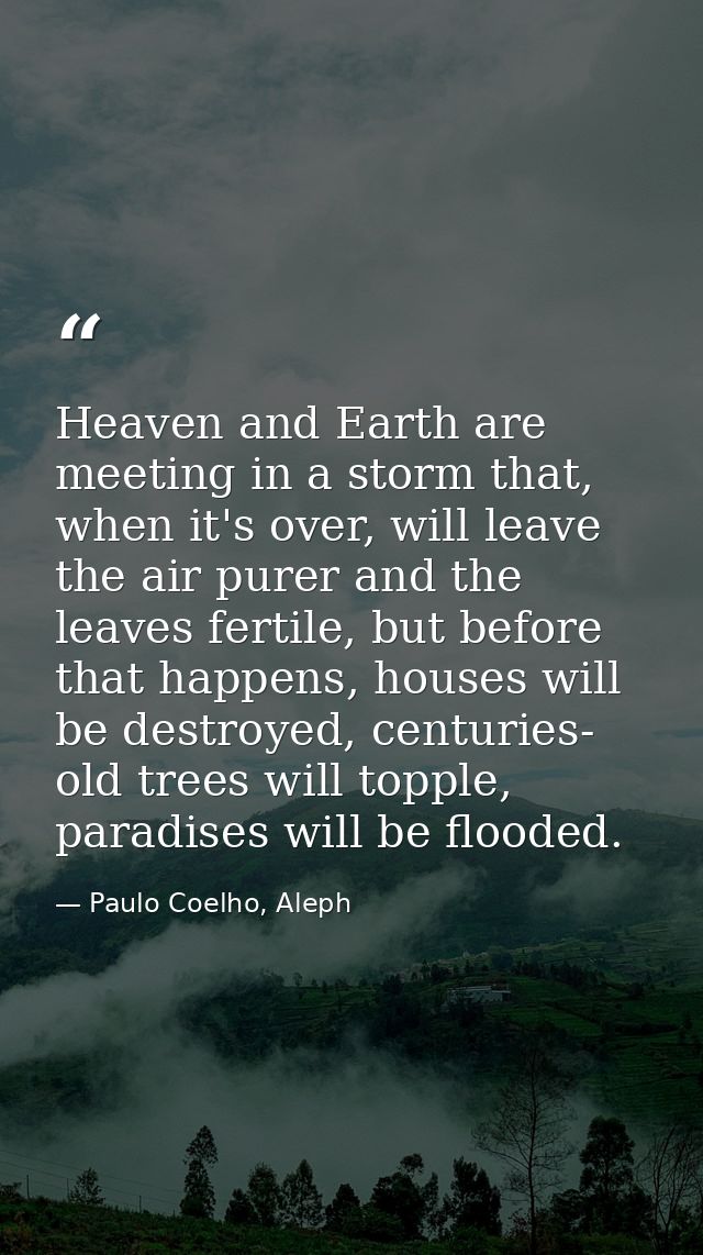 Heaven and Earth are meeting in a storm that, when it's over, will leave the air purer and the leaves fertile, but befor — Paulo Coelho, Aleph