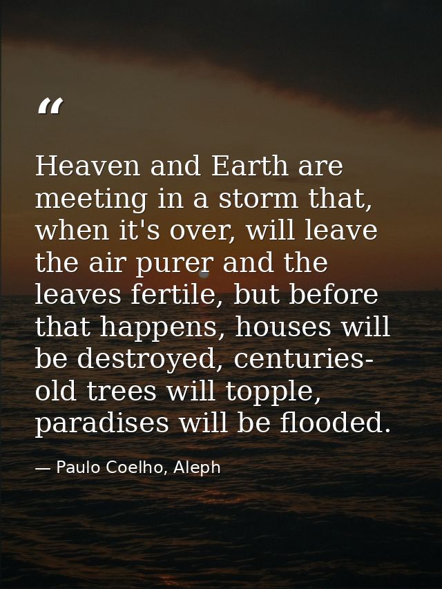 Heaven and Earth are meeting in a storm that, when it's over, will leave the air purer and the leaves fertile, but befor — Paulo Coelho, Aleph