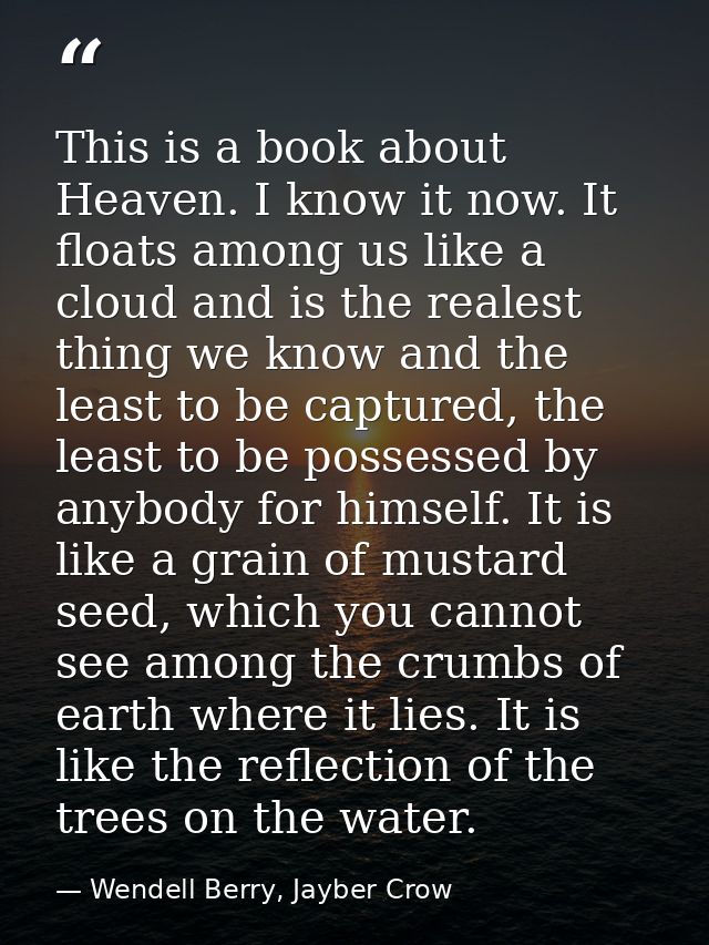 This is a book about Heaven. I know it now. It floats among us like a cloud and is the realest thing we know and the lea — Wendell Berry, Jayber Crow