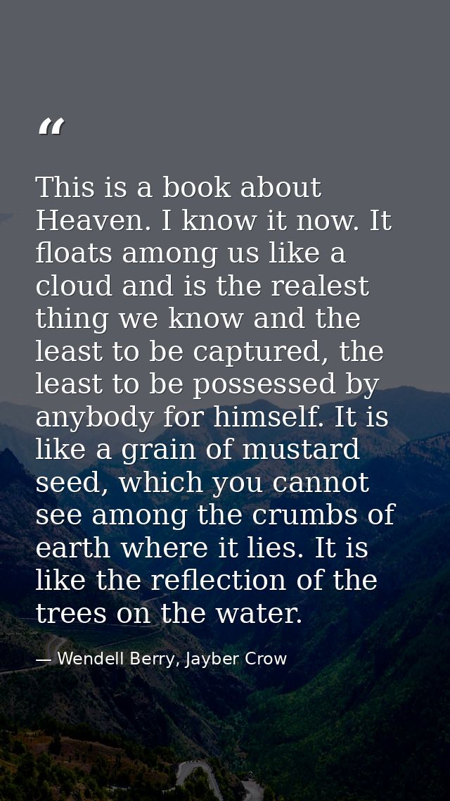 This is a book about Heaven. I know it now. It floats among us like a cloud and is the realest thing we know and the lea — Wendell Berry, Jayber Crow