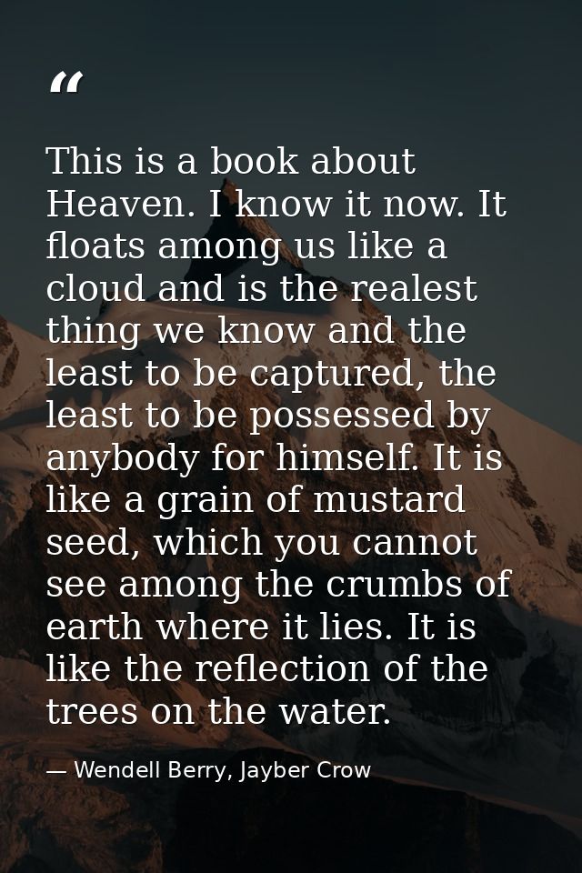 This is a book about Heaven. I know it now. It floats among us like a cloud and is the realest thing we know and the lea — Wendell Berry, Jayber Crow