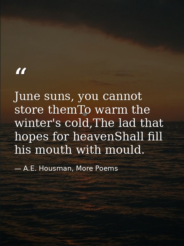 June suns, you cannot store themTo warm the winter's cold,The lad that hopes for heavenShall fill his mouth with mould. — A.E. Housman, More Poems