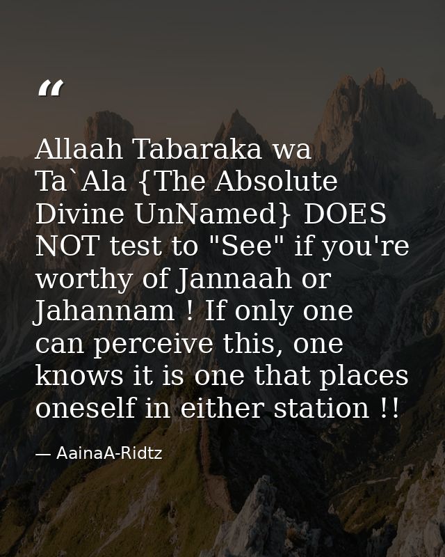 Allaah Tabaraka wa Ta`Ala {The Absolute Divine UnNamed} DOES NOT test to "See" if you're worthy of Jannaah or Jahannam ! — AainaA-Ridtz