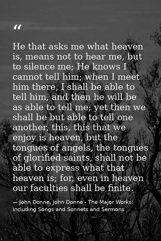He that asks me what heaven is, means not to hear me, but to silence me; He knows I cannot tell him; when I meet him the — John Donne, John Donne - The Major Works: Including Songs and Sonnets and Sermons