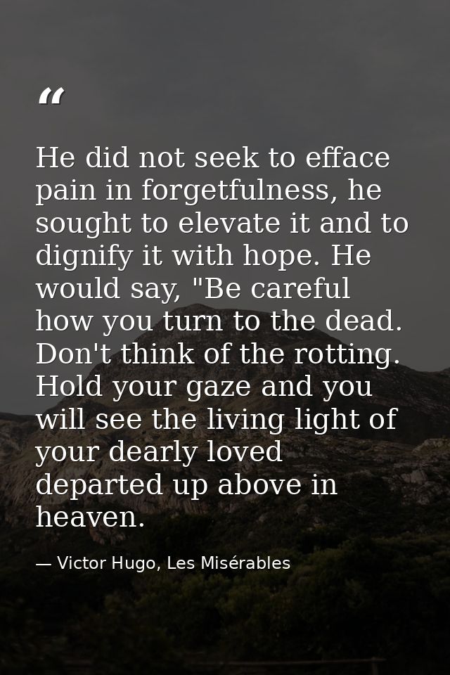 He did not seek to efface pain in forgetfulness, he sought to elevate it and to dignify it with hope. He would say, "Be  — Victor Hugo, Les Misérables