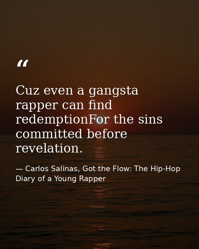Cuz even a gangsta rapper can find redemptionFor the sins committed before revelation. — Carlos Salinas, Got the Flow: The Hip-Hop Diary of a Young Rapper
