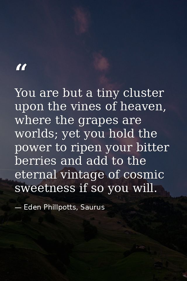 You are but a tiny cluster upon the vines of heaven, where the grapes are worlds; yet you hold the power to ripen your b — Eden Phillpotts, Saurus