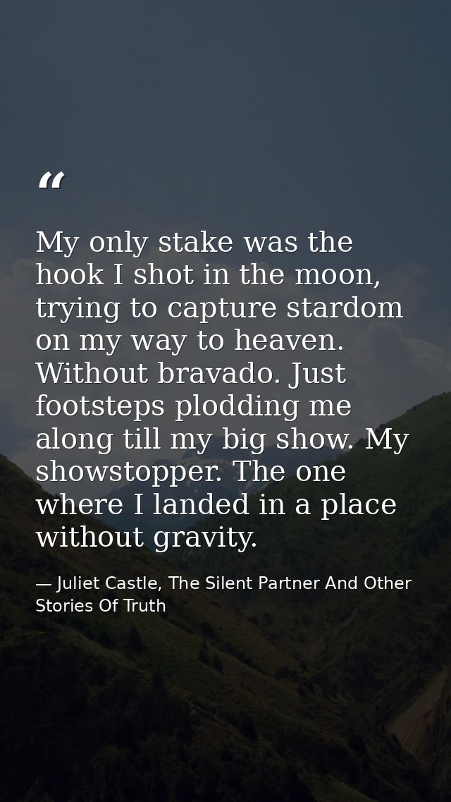 My only stake was the hook I shot in the moon, trying to capture stardom on my way to heaven. Without bravado. Just foot — Juliet Castle, The Silent Partner And Other Stories Of Truth