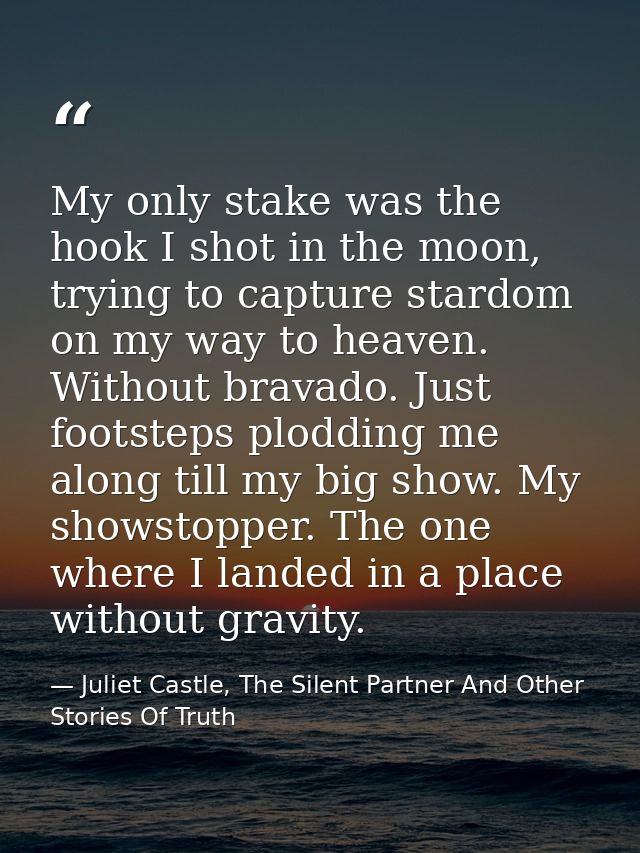 My only stake was the hook I shot in the moon, trying to capture stardom on my way to heaven. Without bravado. Just foot — Juliet Castle, The Silent Partner And Other Stories Of Truth