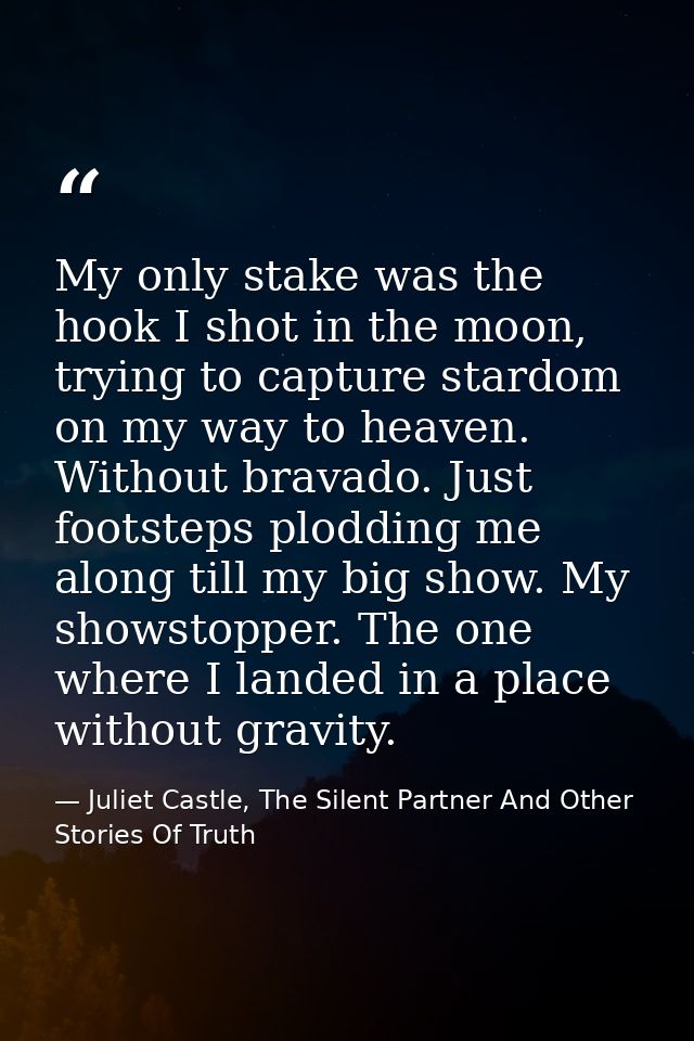 My only stake was the hook I shot in the moon, trying to capture stardom on my way to heaven. Without bravado. Just foot — Juliet Castle, The Silent Partner And Other Stories Of Truth