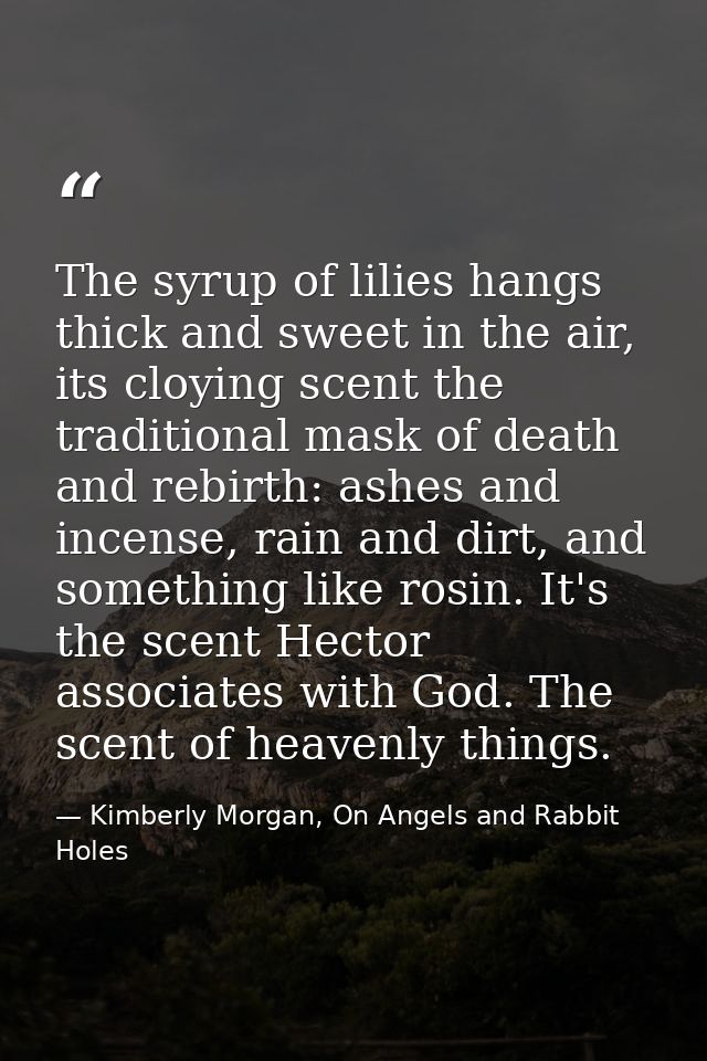 The syrup of lilies hangs thick and sweet in the air, its cloying scent the traditional mask of death and rebirth: ashes — Kimberly Morgan, On Angels and Rabbit Holes
