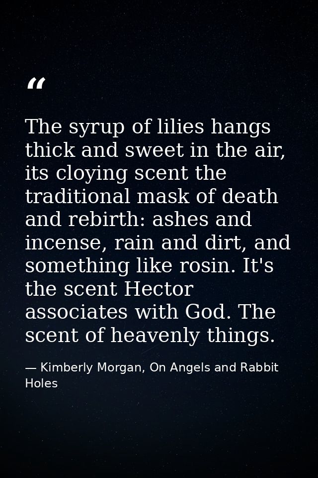 The syrup of lilies hangs thick and sweet in the air, its cloying scent the traditional mask of death and rebirth: ashes — Kimberly Morgan, On Angels and Rabbit Holes