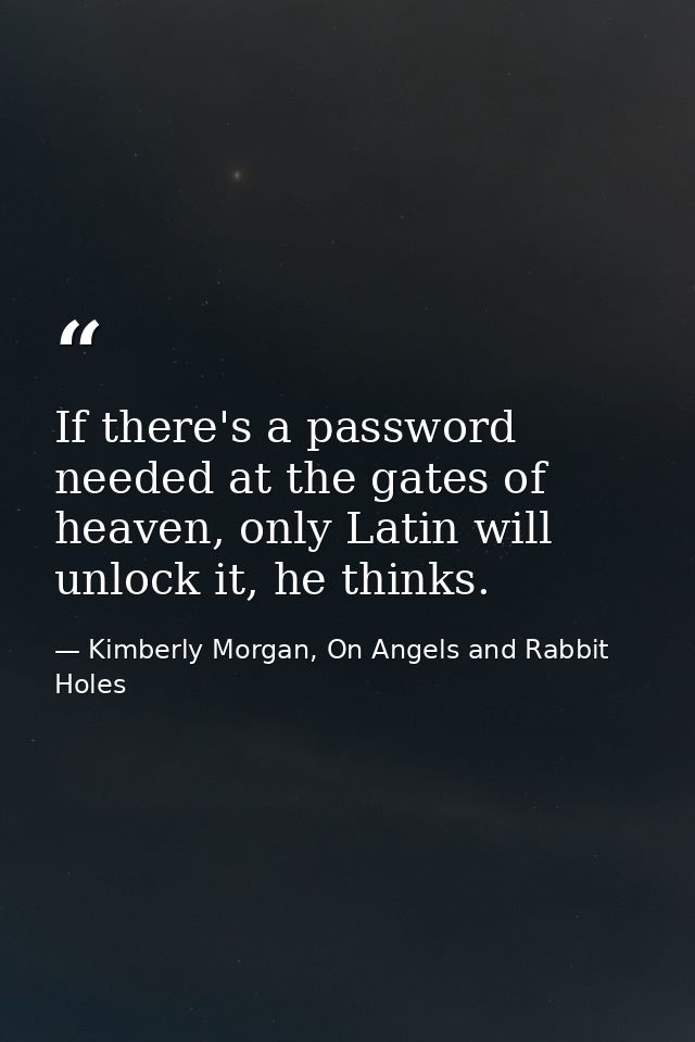 If there's a password needed at the gates of heaven, only Latin will unlock it, he thinks. — Kimberly Morgan, On Angels and Rabbit Holes