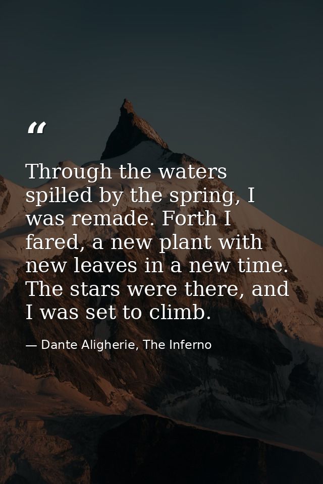 Through the waters spilled by the spring, I was remade. Forth I fared, a new plant with new leaves in a new time. The st — Dante Aligherie, The Inferno